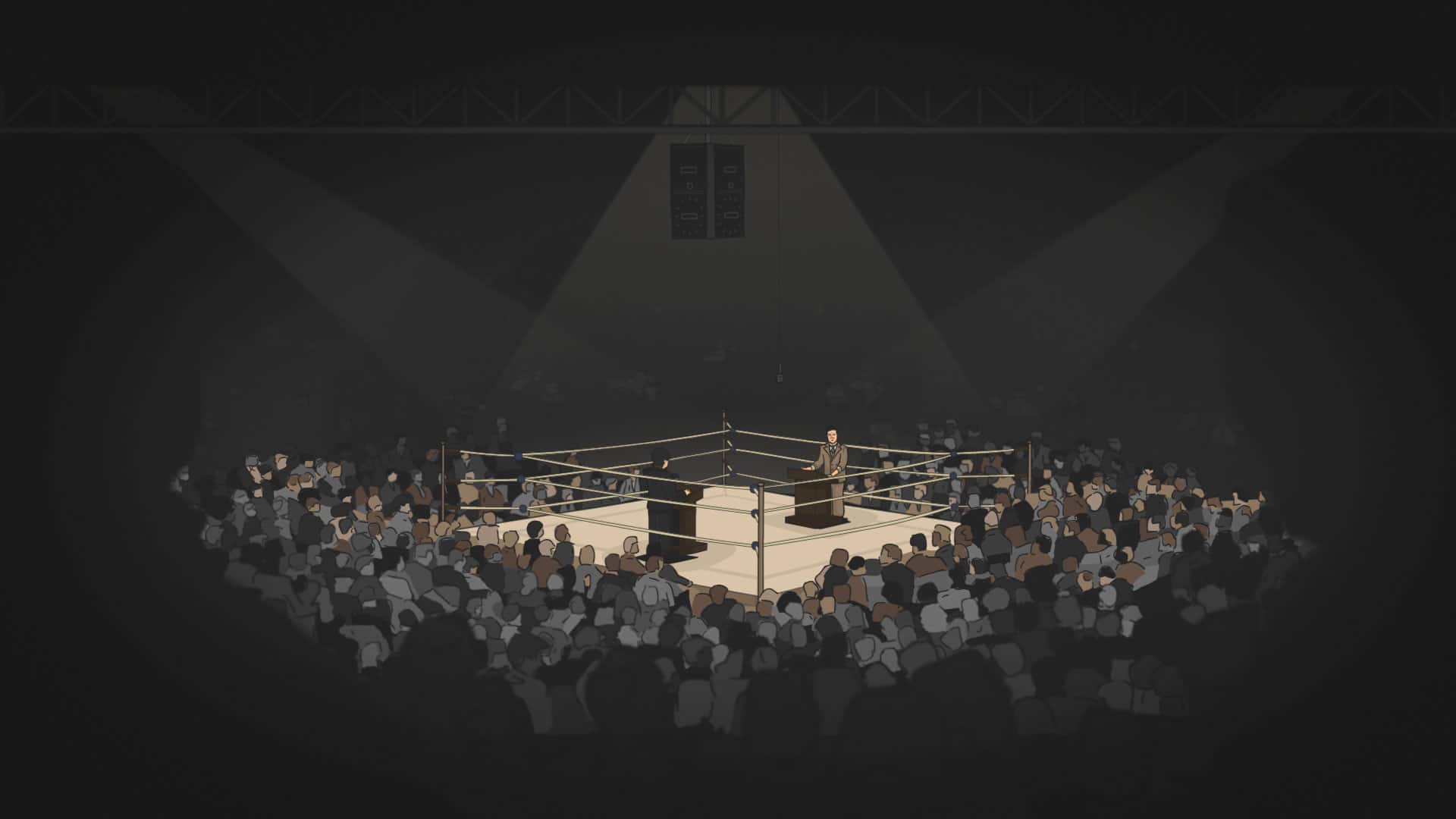 a graphic of two men speaking inside a boxing ring at podiums.