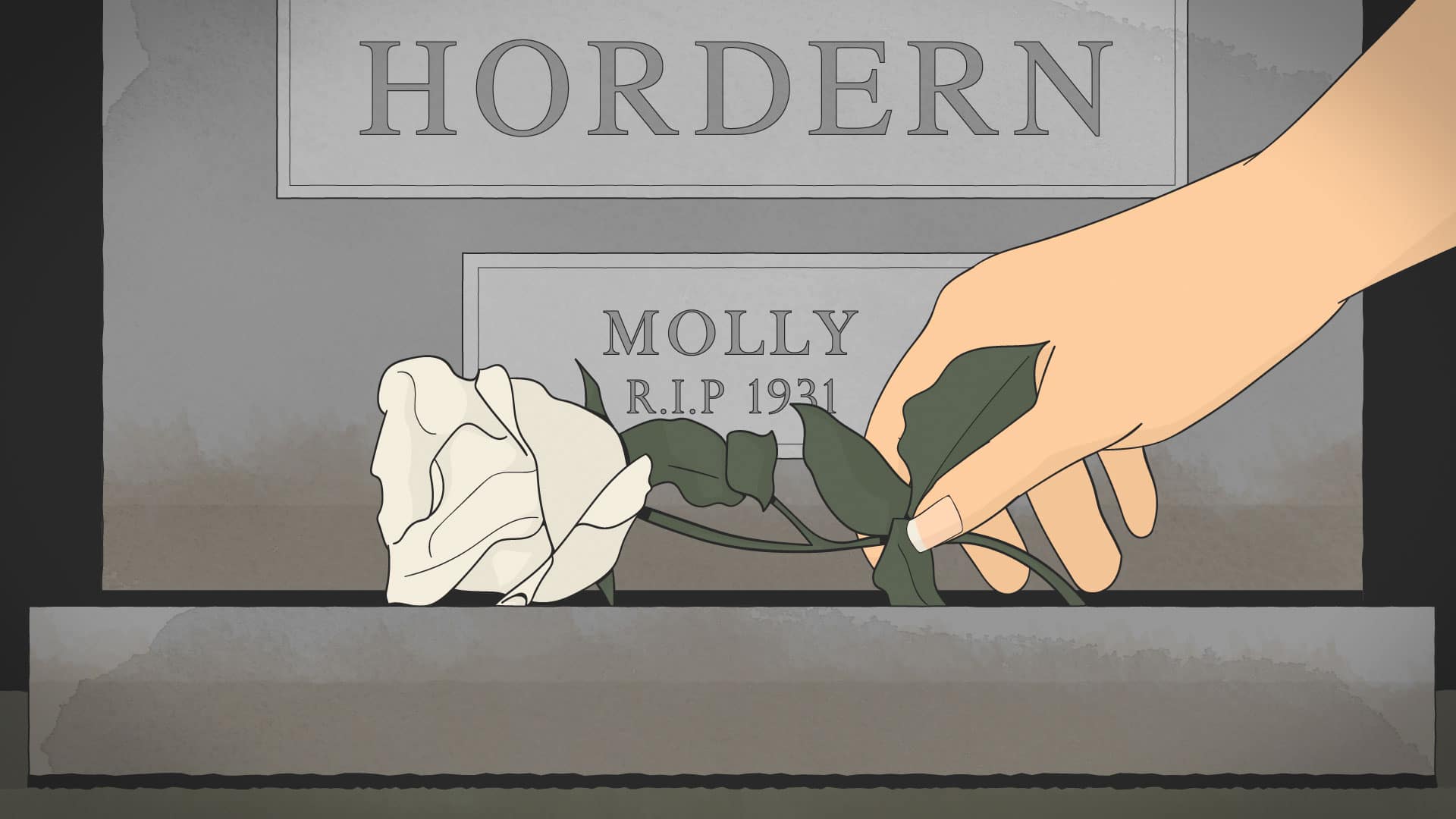 a hand putting a white rose on a tombstone.