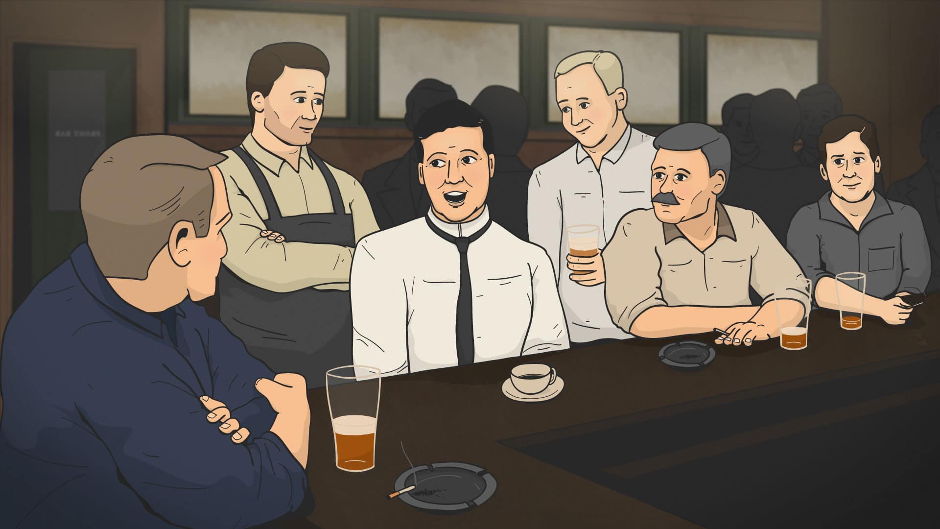 a graphic of men in a bar drinking.