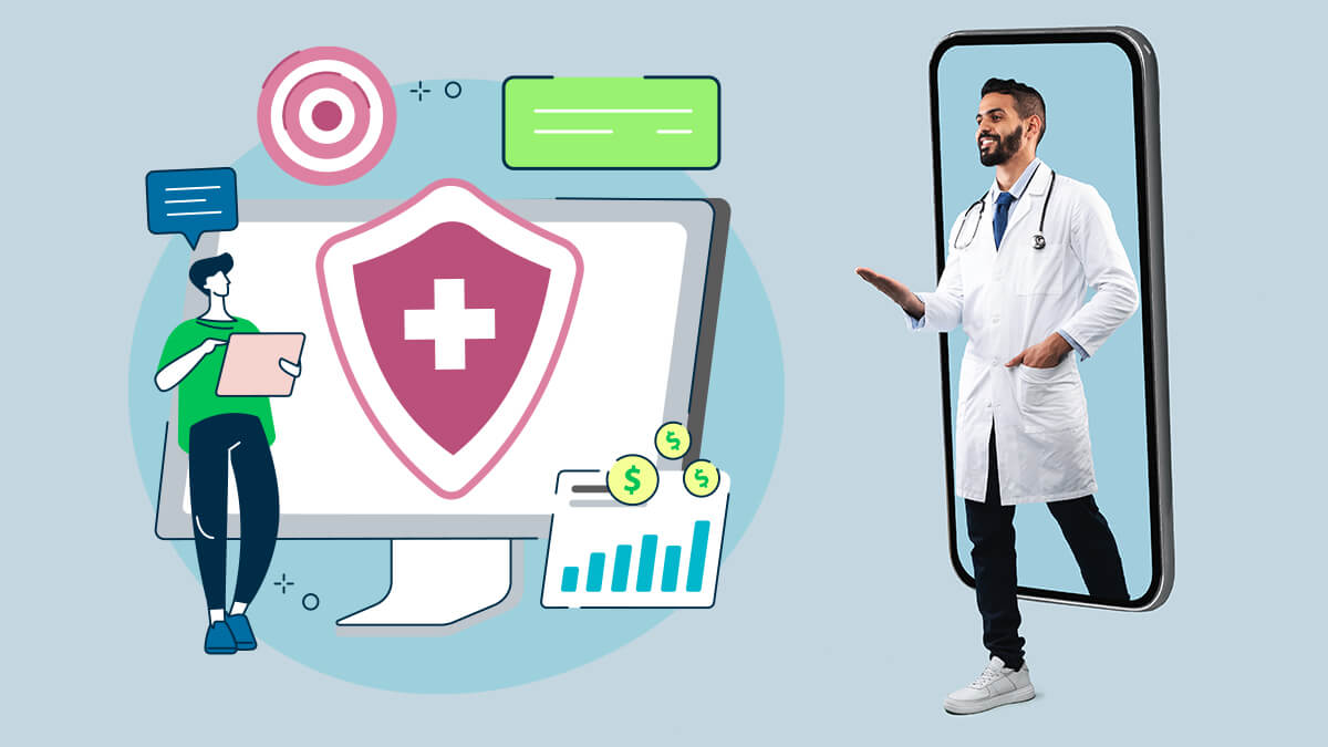 a graphic of a healthcare worker walking through a phone.