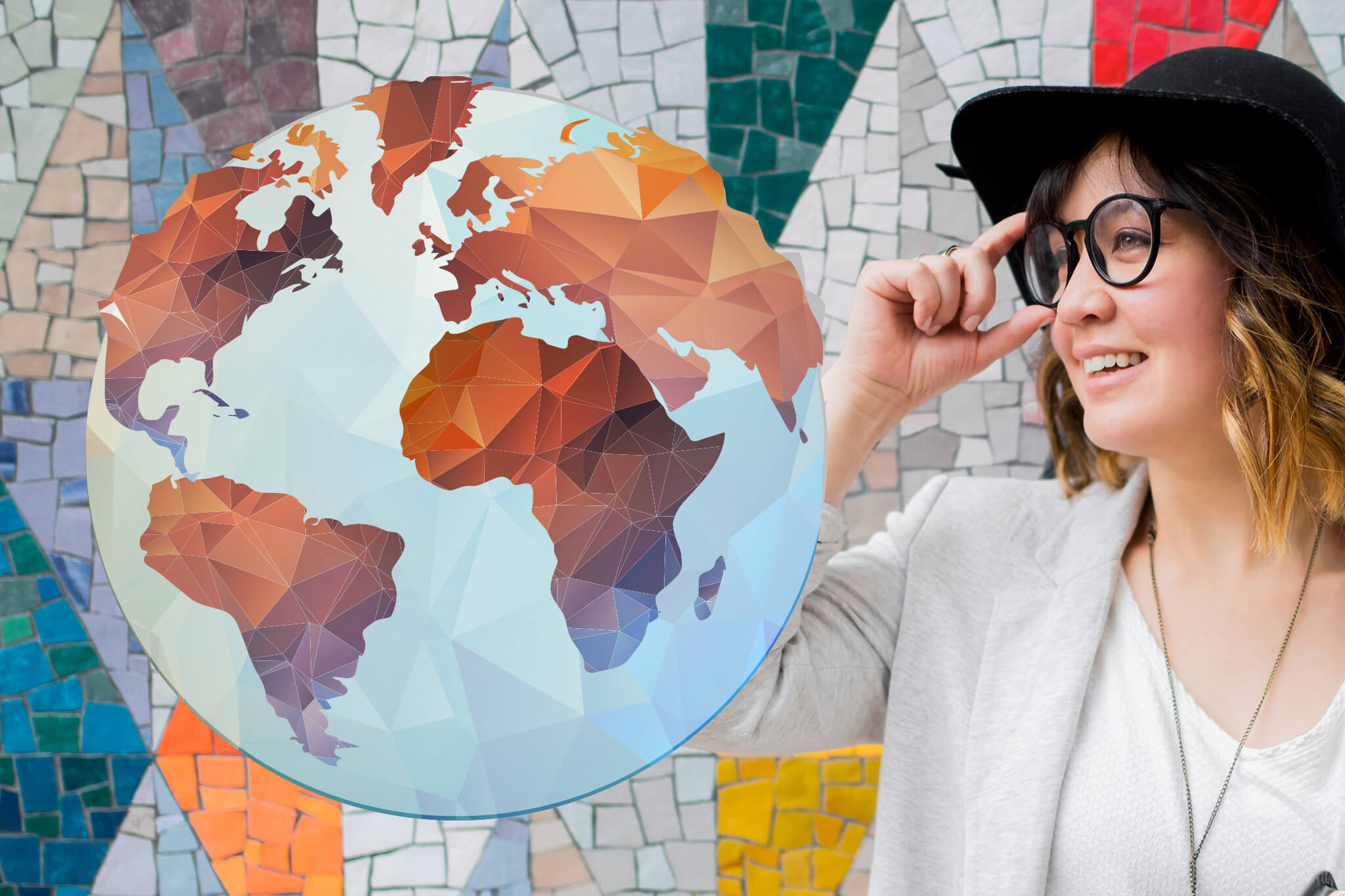 a graphic of Lisa Eyo and a globe.